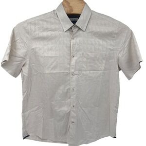 32 Bar Blues Button Up Shirt Mens L Beige Short Sleeve Geometric Cotton